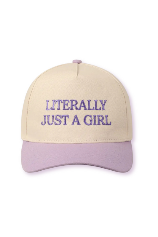 "Literally Just A Girl" Embroidered Two-Tone Lavender Brim Canvas Trucker Hat