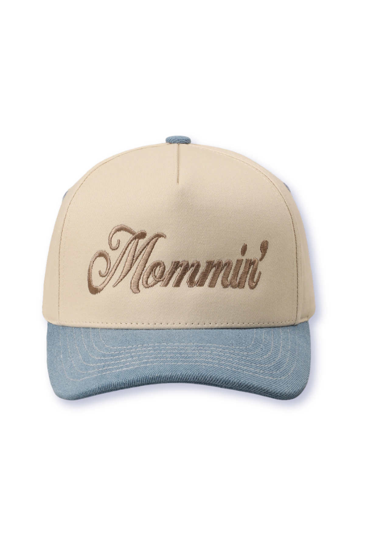 "Mommin" Embroidered Two-Tone Denim Brim Canvas Trucker Hat in Light Denim