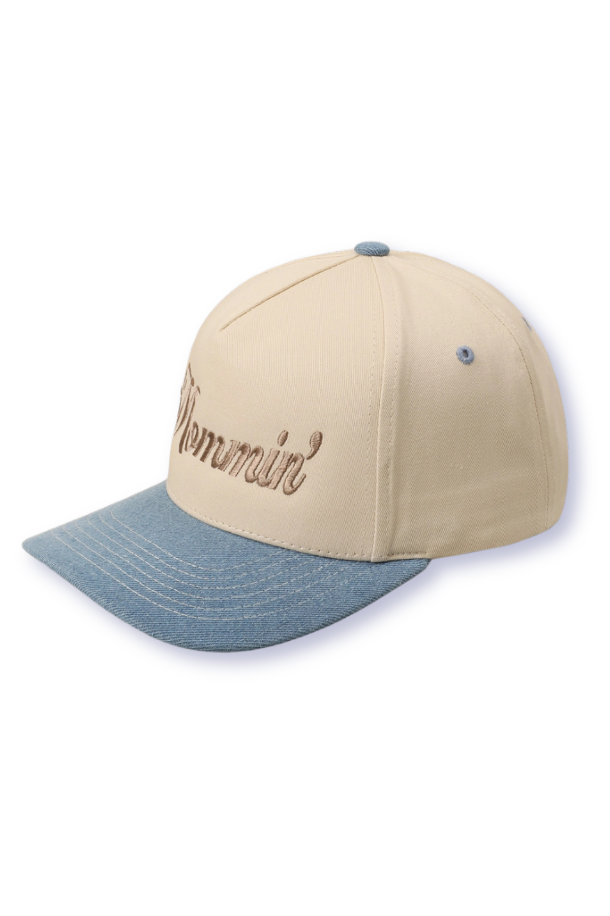 "Mommin" Embroidered Two-Tone Denim Brim Canvas Trucker Hat in Light Denim