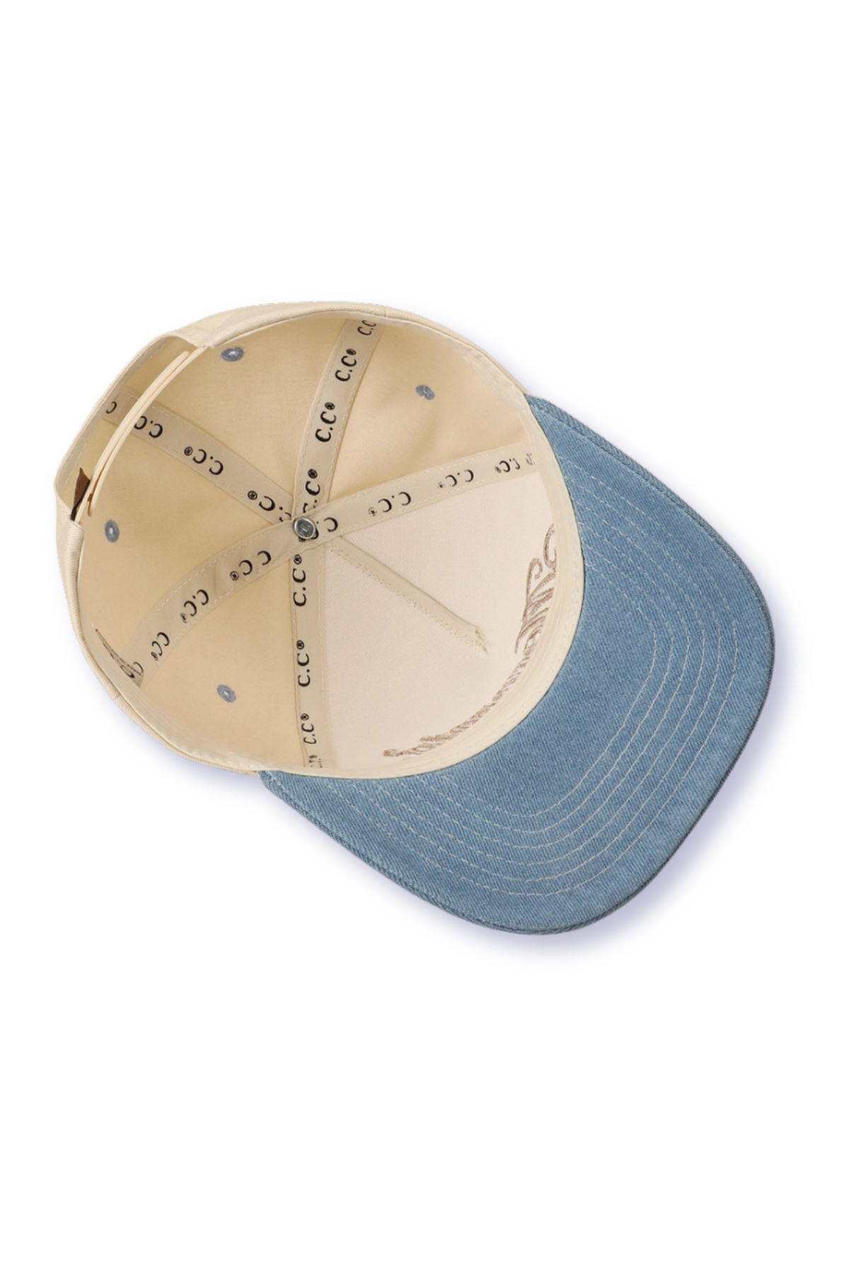 "Mommin" Embroidered Two-Tone Denim Brim Canvas Trucker Hat in Light Denim