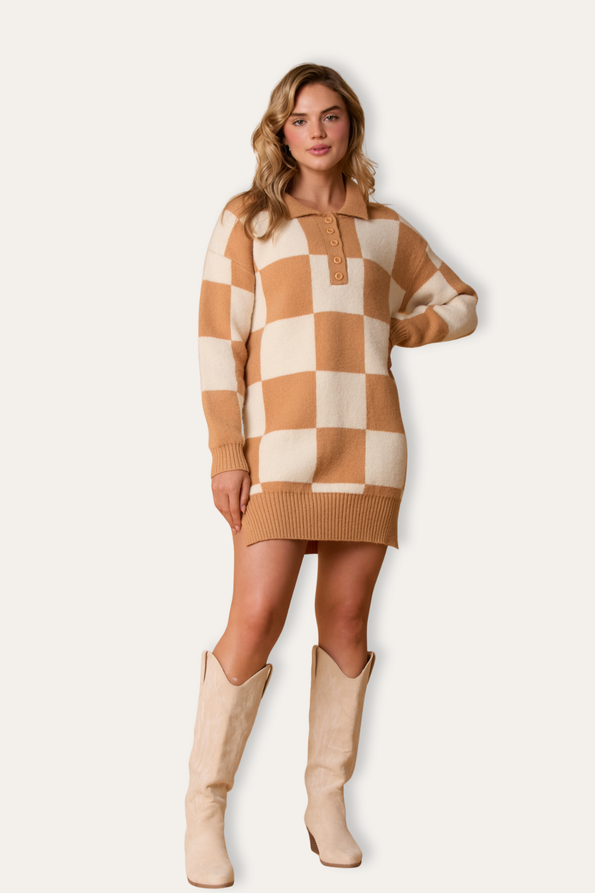 Oversized Collared Half-Button Checkered Knit Sweater Dress