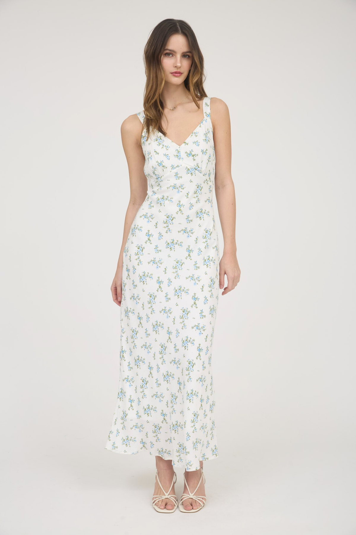 Soft Bloom Floral V-Neck Sleeveless Maxi Dress in White/Blue Multi