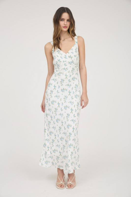 Soft Bloom Floral V-Neck Sleeveless Maxi Dress in White/Blue Multi