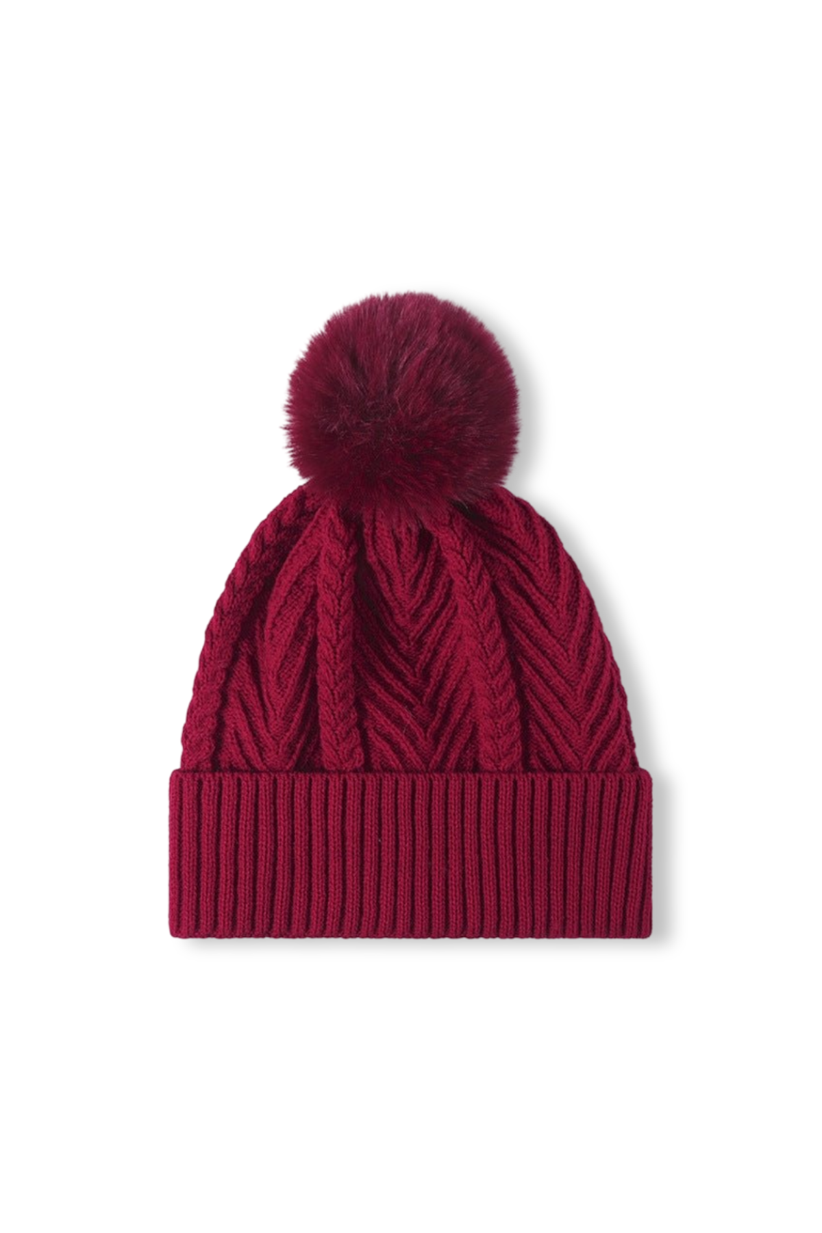 Soft & Cozy Fleece Lined Twist Knit Faux Fur Pom Beanie- in Wine- Winter Hat