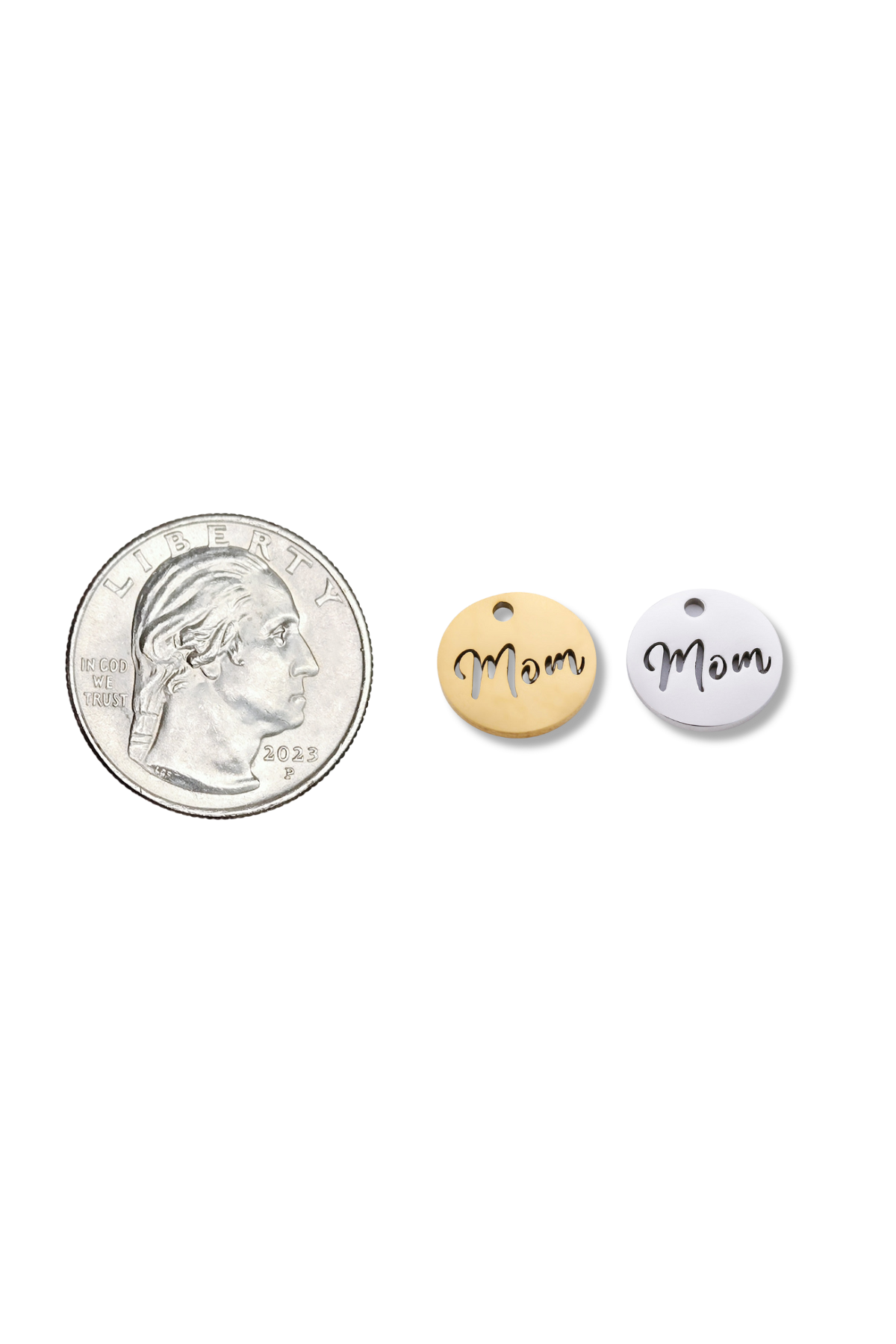 Stainless Steel Disk Cut-Out Cursive Mom Charm
