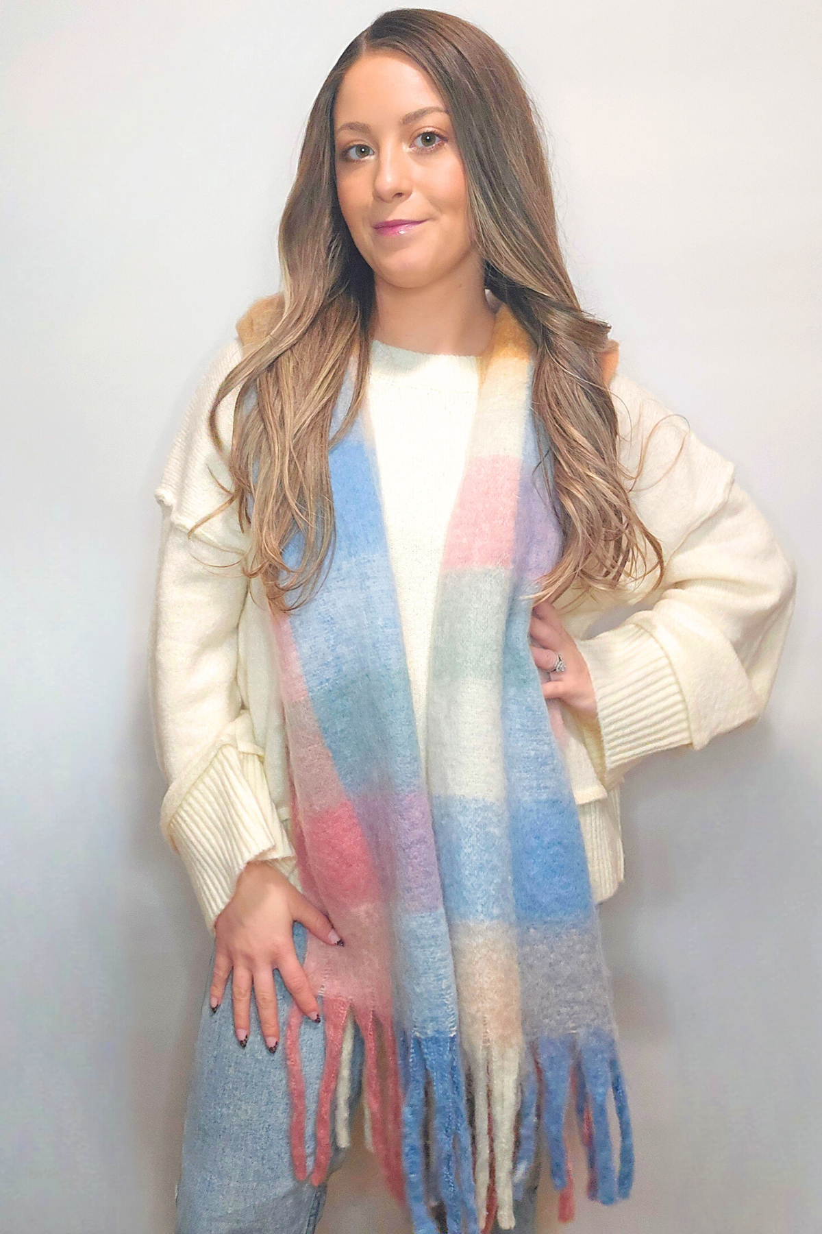 Trendy Soft Girl Winter Tassel Colorful Pastel Rainbow Plaid Scarf