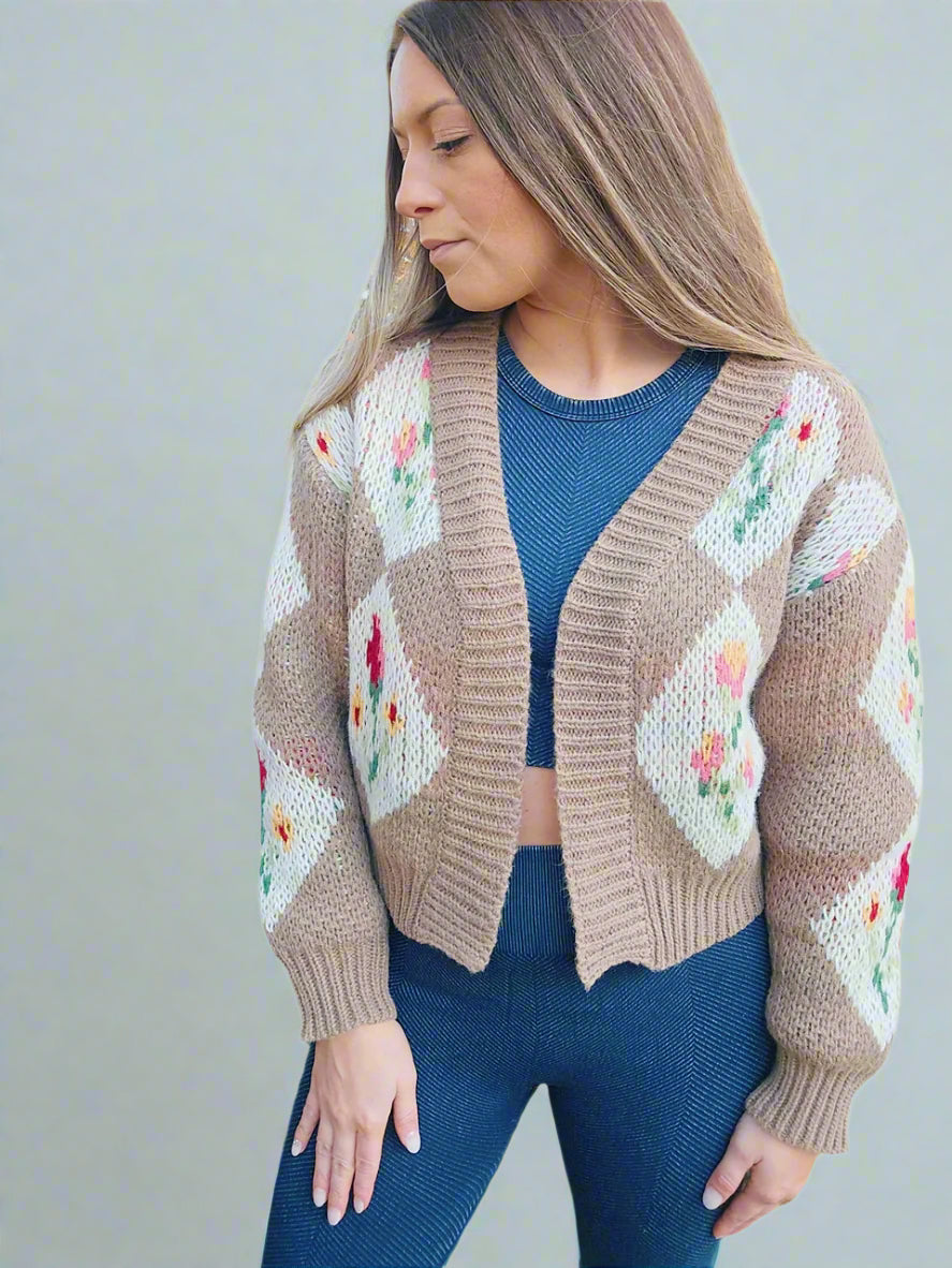 Romantic Bouquet Cropped Vintage Floral Cardigan Opal Silk