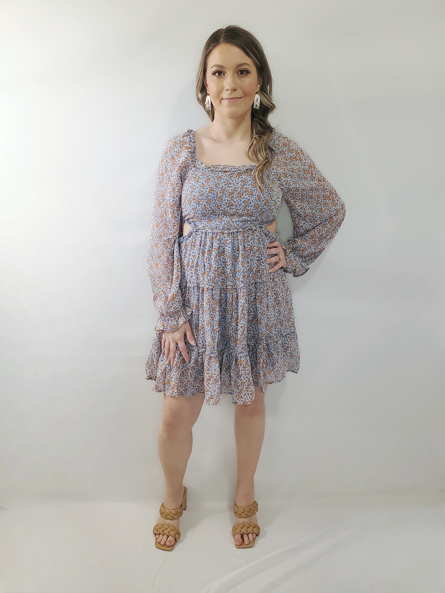 Willow Breeze Ditsy Floral Open Side Long Sleeve Mini Dress