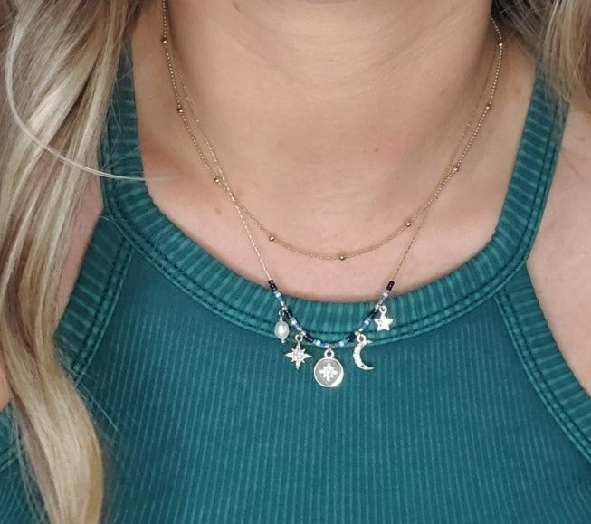 Luna Layered Moon & Star Beaded 16" Gold Plated Necklace in Blue & Gold
