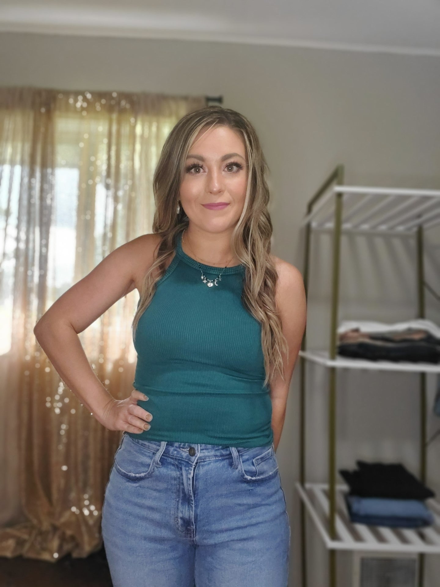 Inner Peace Super-Elastic Women's Vintage High-Neck Ribbed Tank in Jade