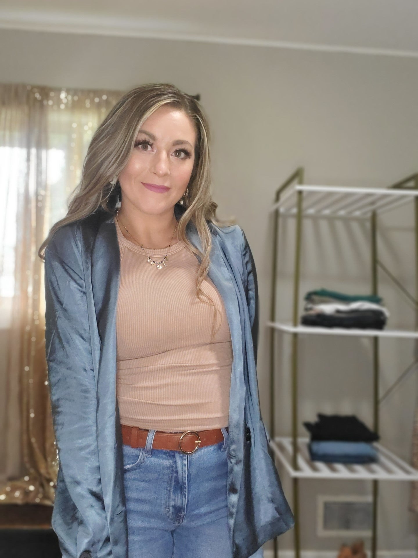 Dream Big Women's Relaxed Fit Double Button Satin Blazer in Slate Blue