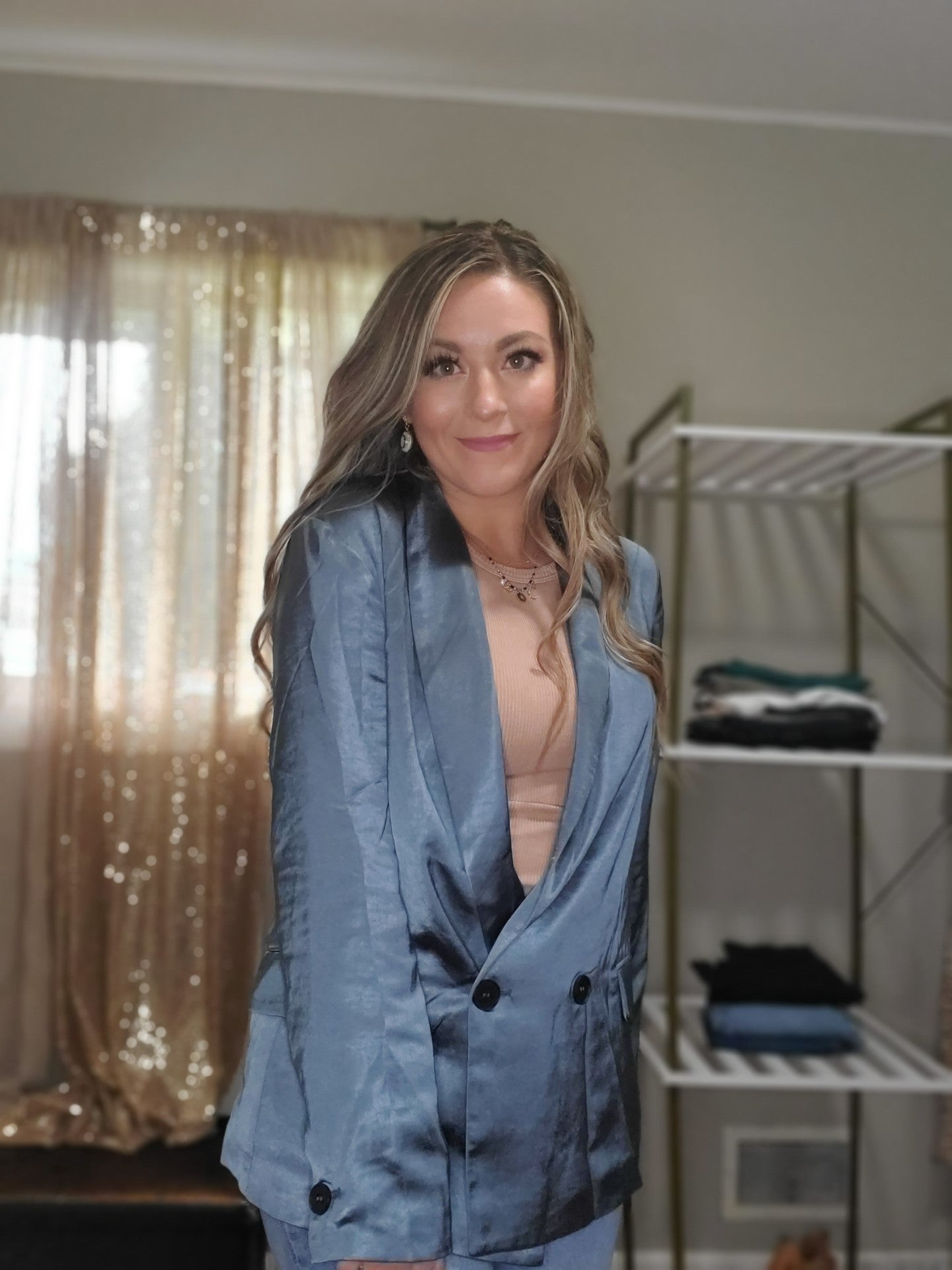 Dream Big Women's Relaxed Fit Double Button Satin Blazer in Slate Blue