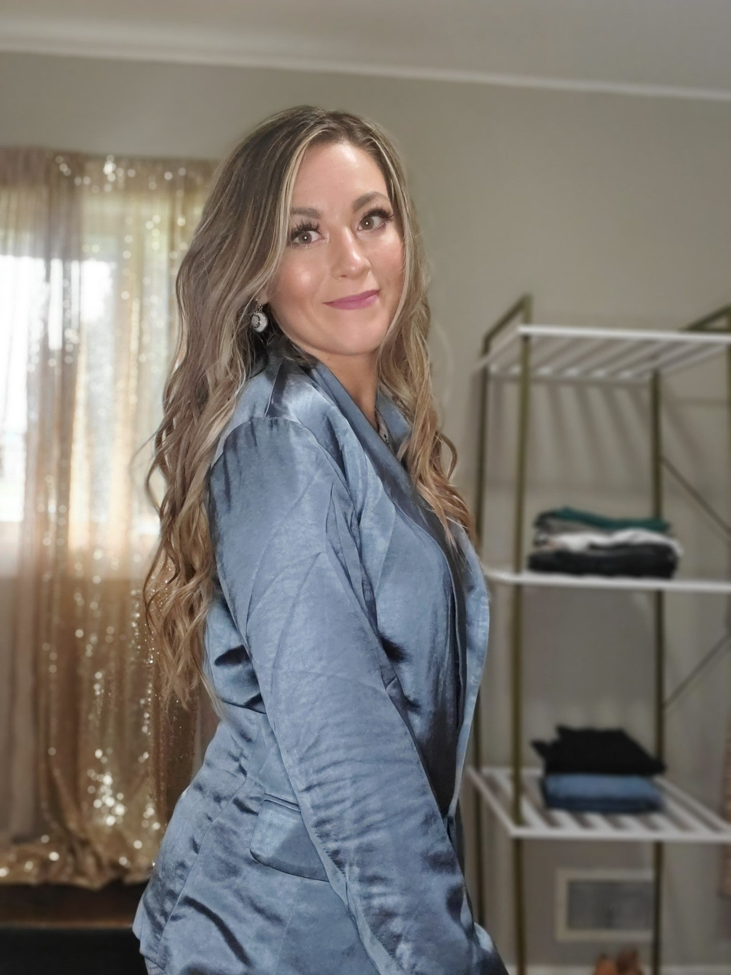 Dream Big Women's Relaxed Fit Double Button Satin Blazer in Slate Blue