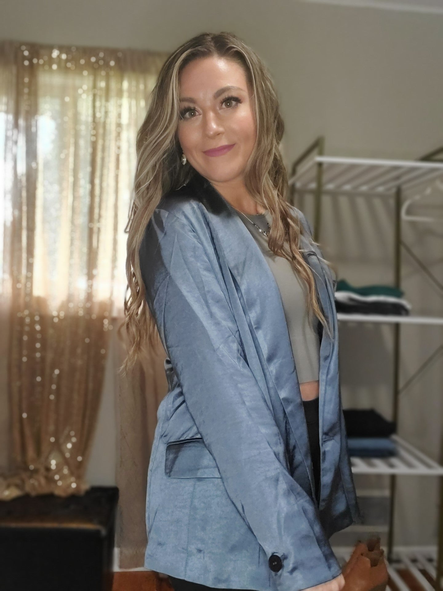 Dream Big Women's Relaxed Fit Double Button Satin Blazer in Slate Blue
