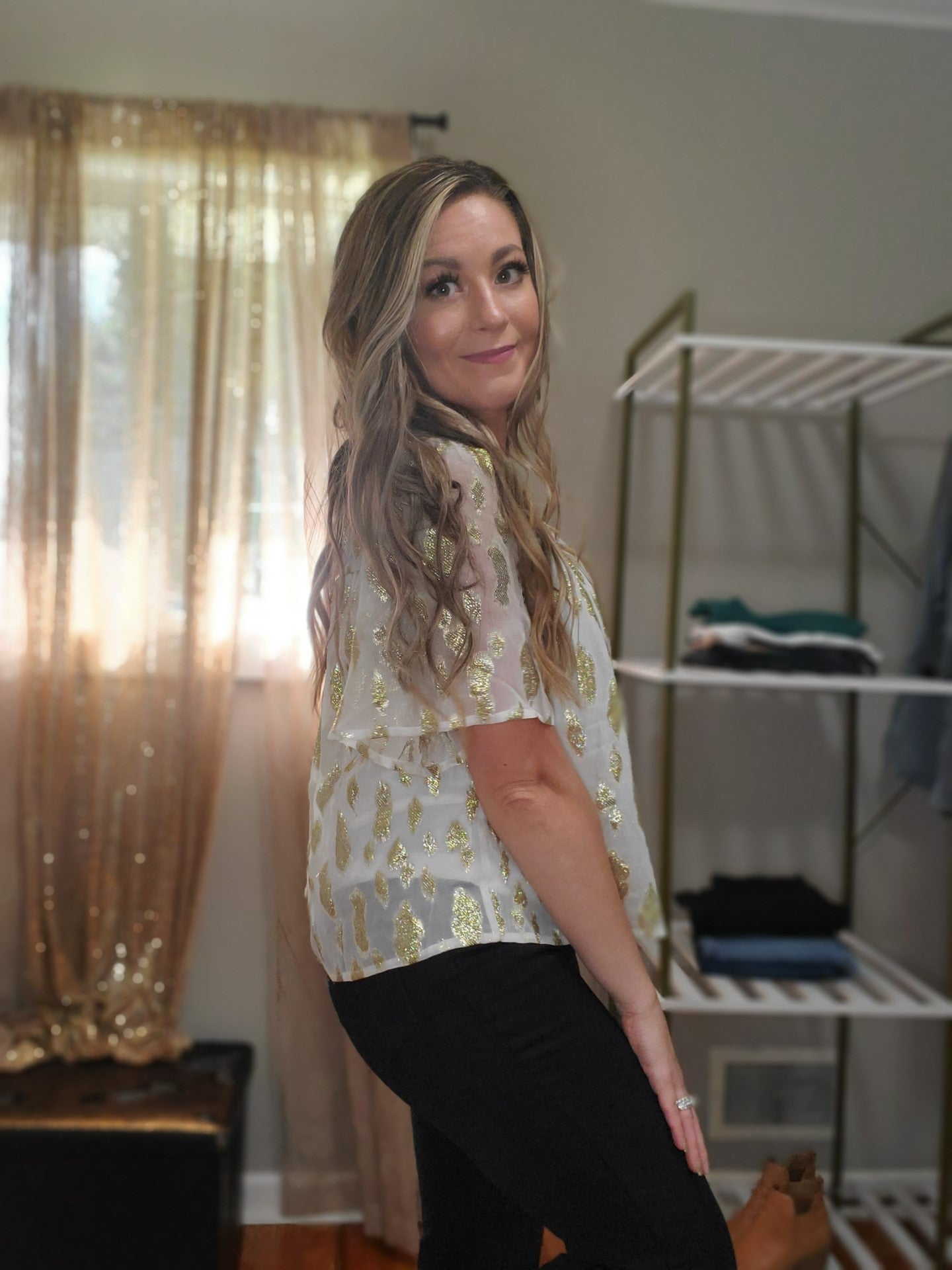 Shine On Women's Boho Flowy Metallic Accent Blouse in Ivory & Gold