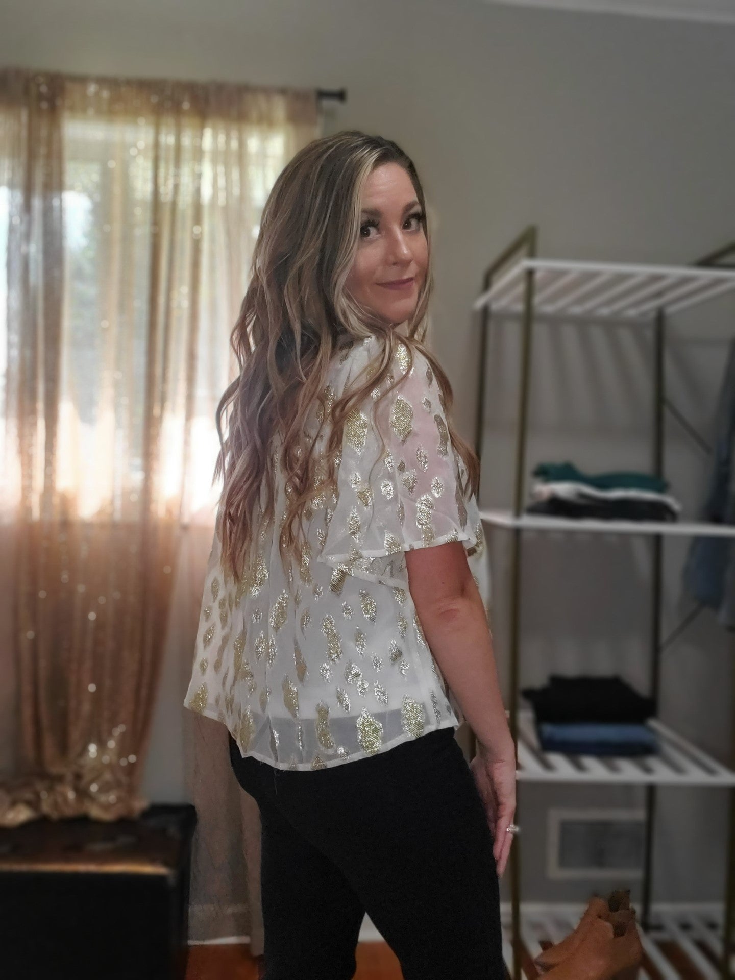 Shine On Women's Boho Flowy Metallic Accent Blouse in Ivory & Gold