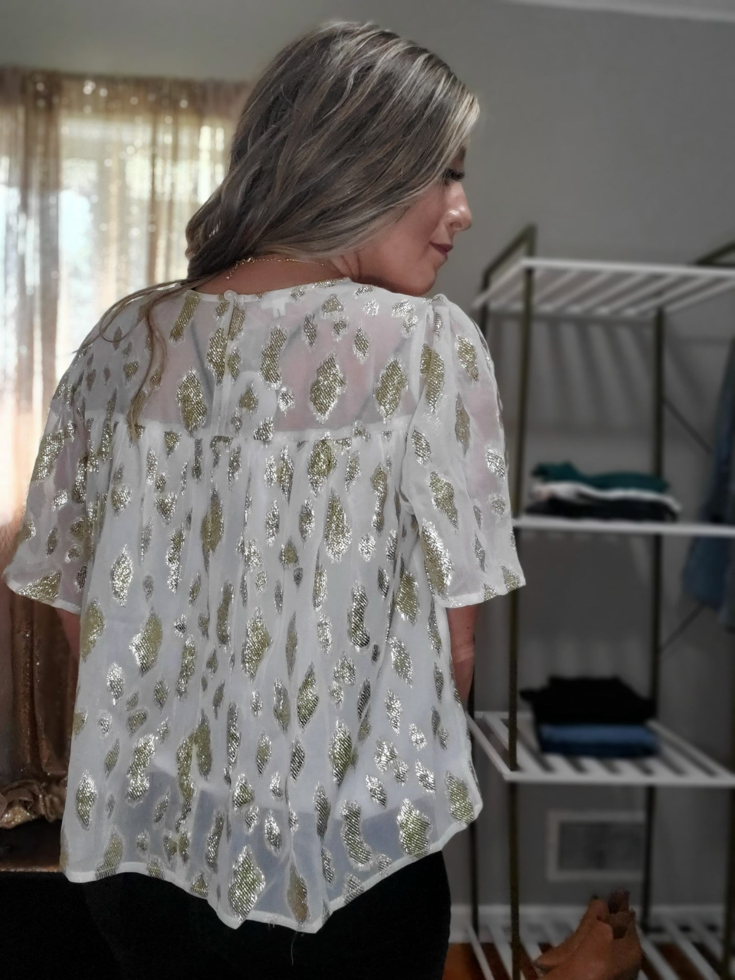 Shine On Women's Boho Flowy Metallic Accent Blouse in Ivory & Gold