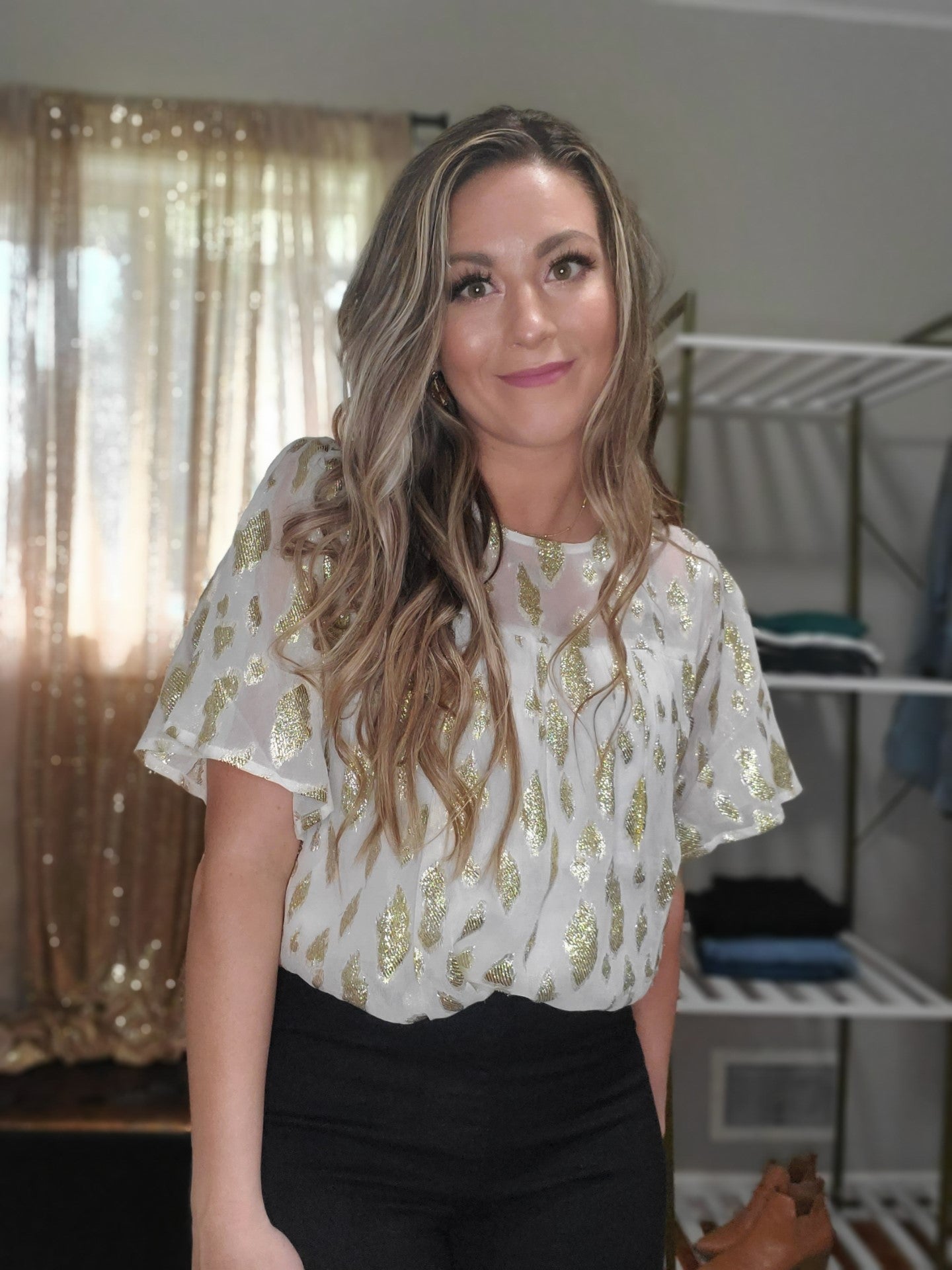Shine On Women's Boho Flowy Metallic Accent Blouse in Ivory & Gold