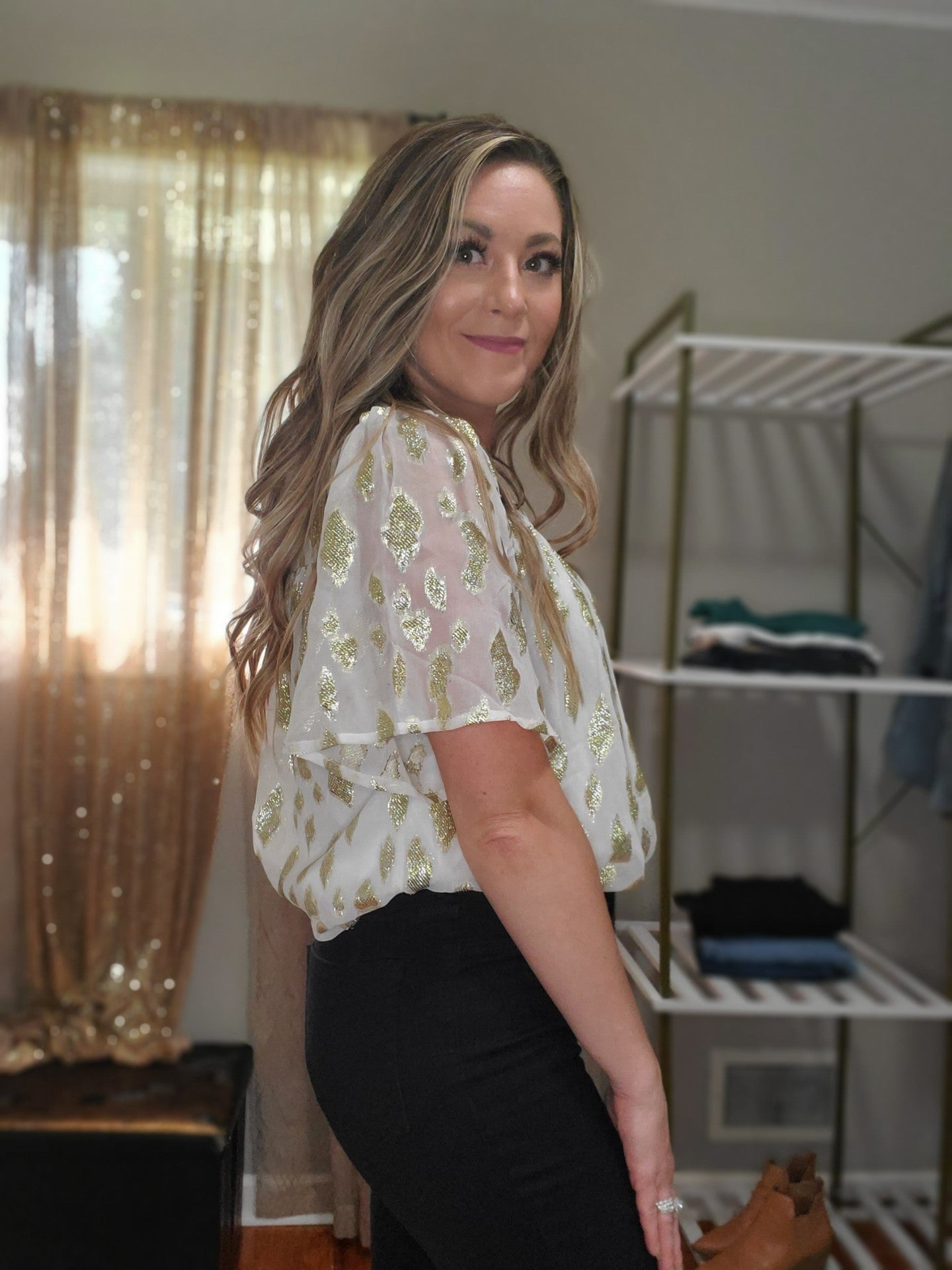 Shine On Women's Boho Flowy Metallic Accent Blouse in Ivory & Gold