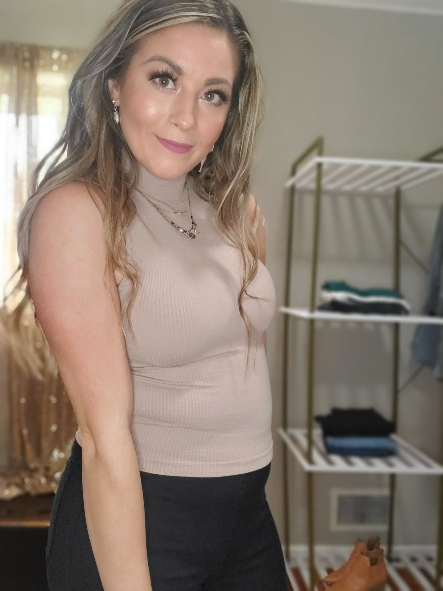 Stay Focused Super-Elastic Women's Ribbed Turtleneck Sleeveless Top in Tan