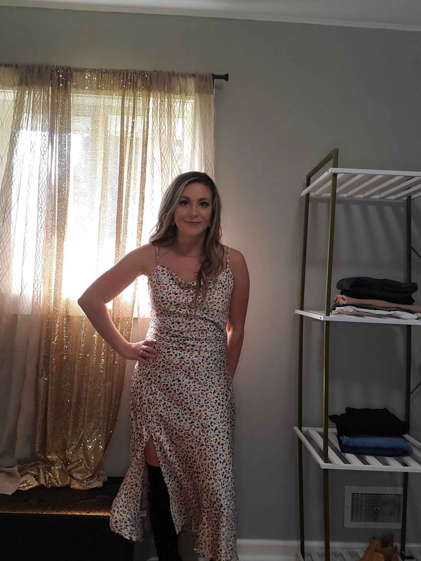 Chasing Dreams Women's Cowl Leopard Satin Slip Midi Dress in Cream Multi