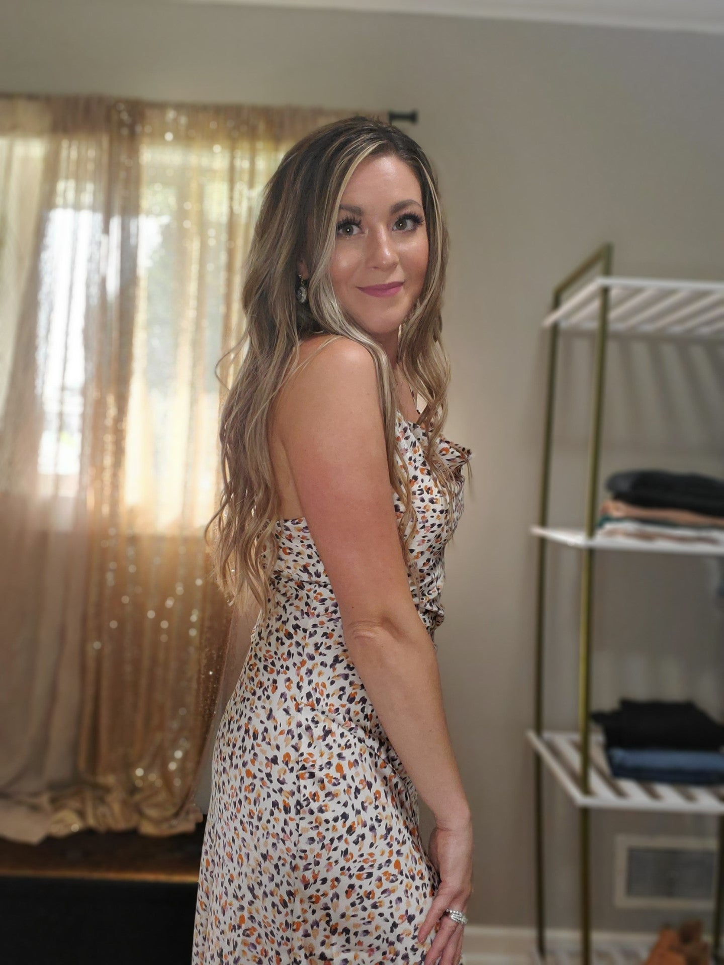Chasing Dreams Women's Cowl Leopard Satin Slip Midi Dress in Cream Multi