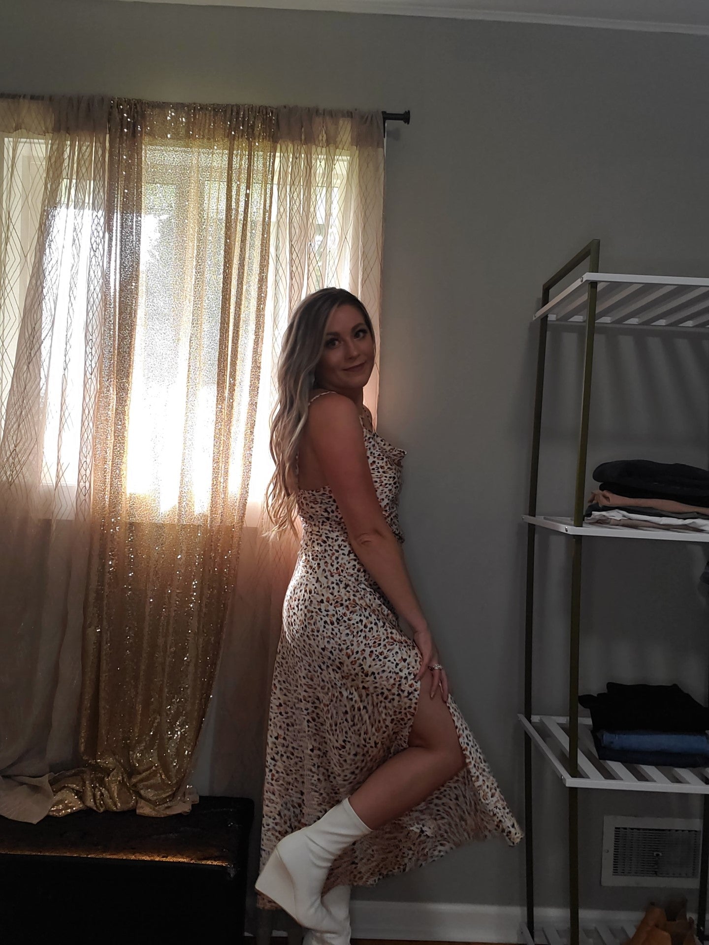 Chasing Dreams Women's Cowl Leopard Satin Slip Midi Dress in Cream Multi