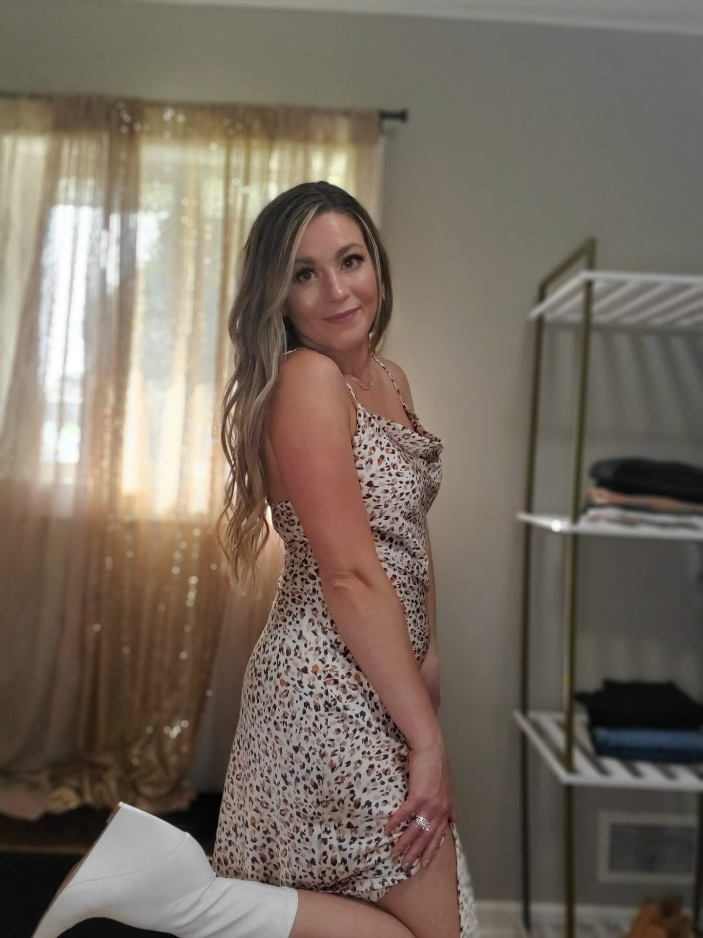Chasing Dreams Women's Cowl Leopard Satin Slip Midi Dress in Cream Multi