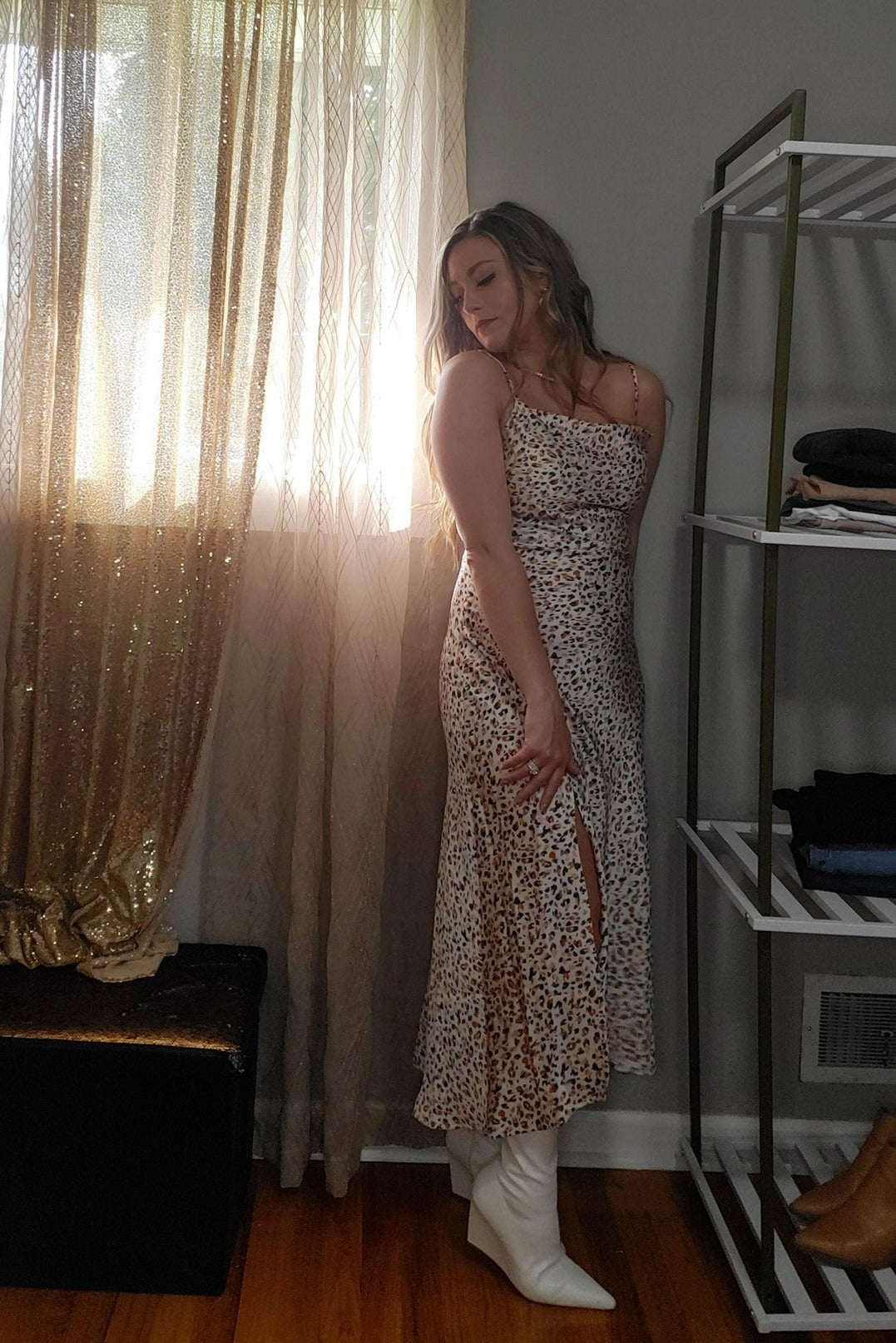 Chasing Dreams Women's Cowl Leopard Satin Slip Midi Dress in Cream Multi