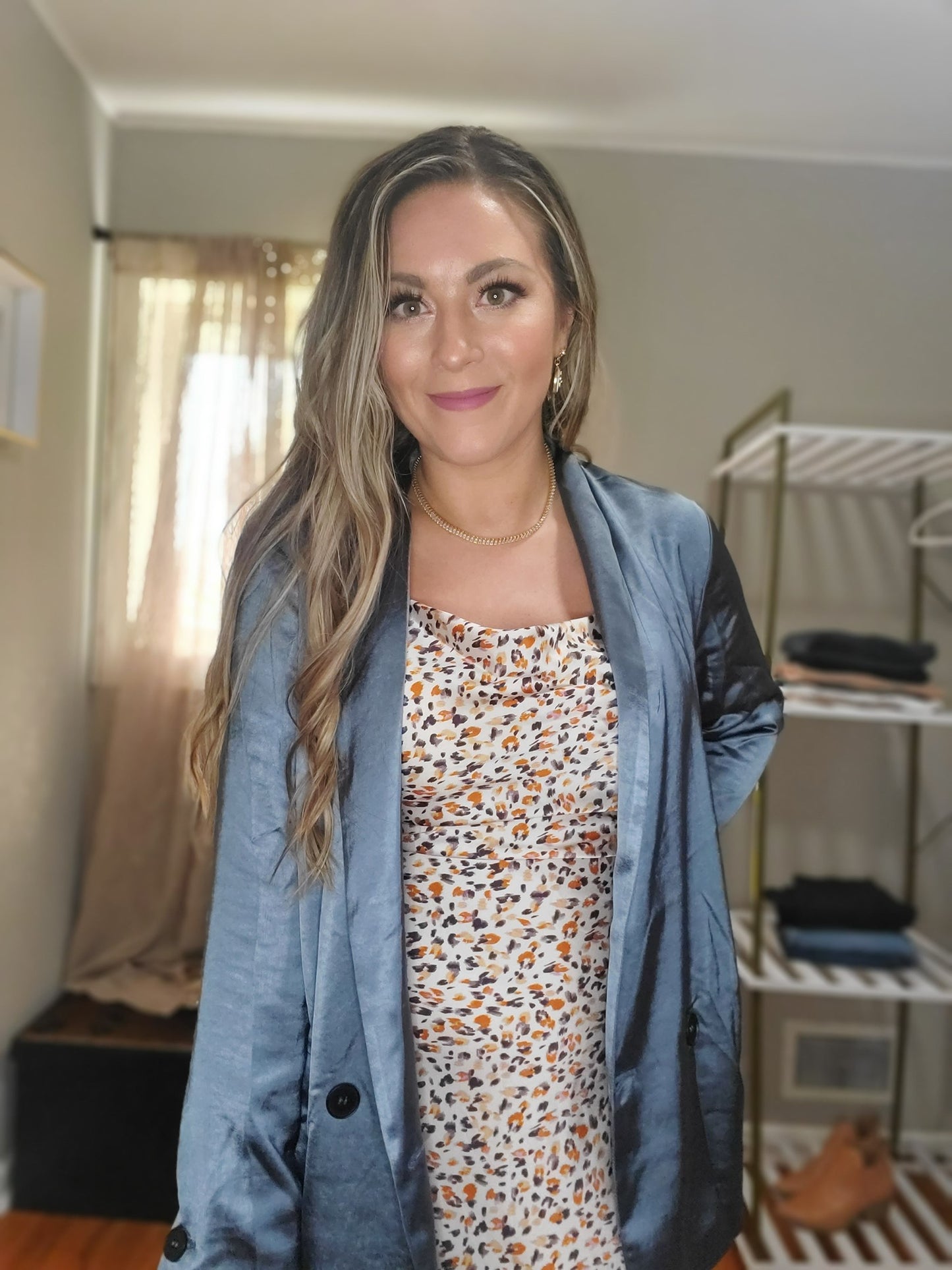 Dream Big Women's Relaxed Fit Double Button Satin Blazer in Slate Blue