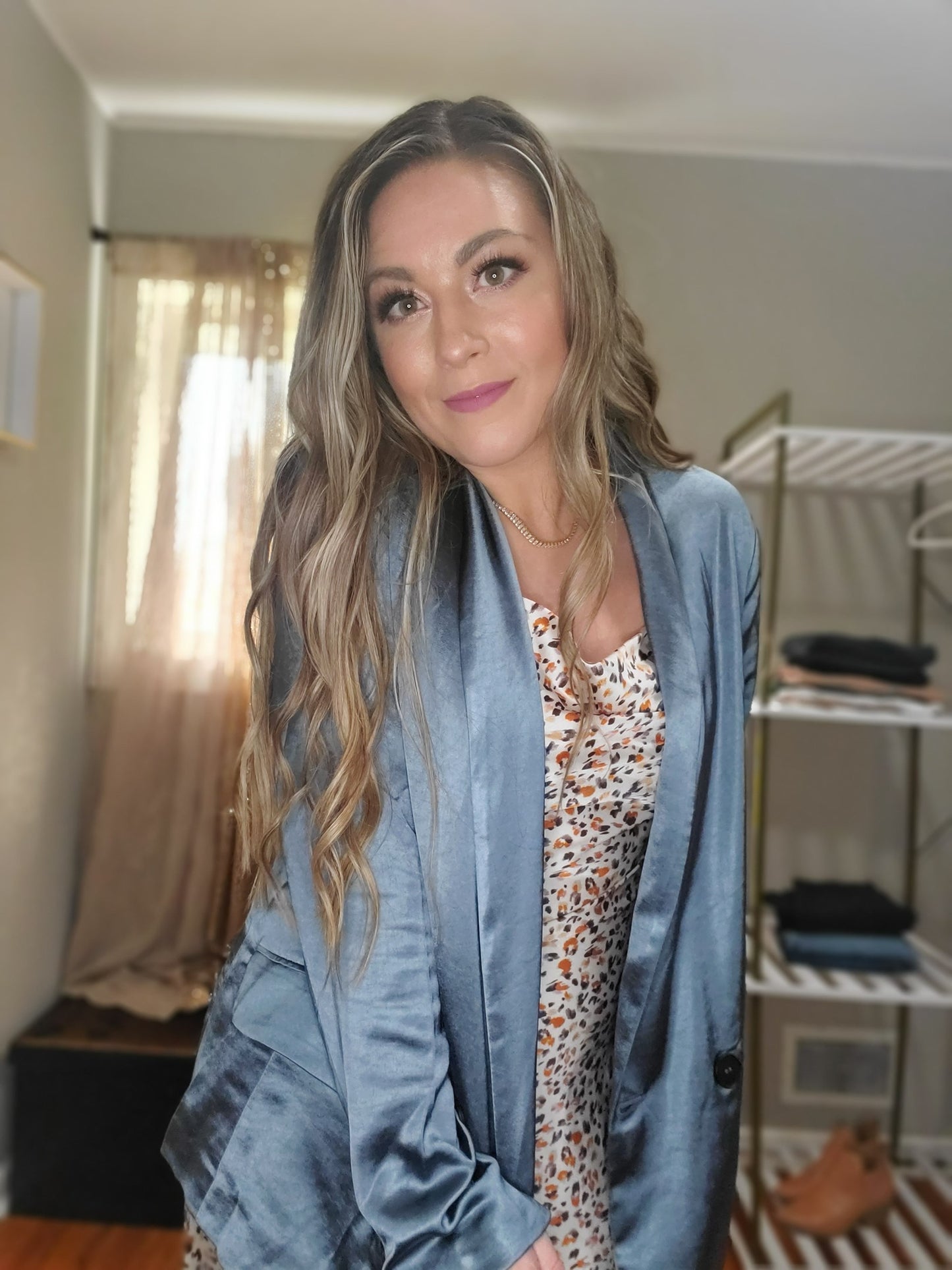Dream Big Women's Relaxed Fit Double Button Satin Blazer in Slate Blue