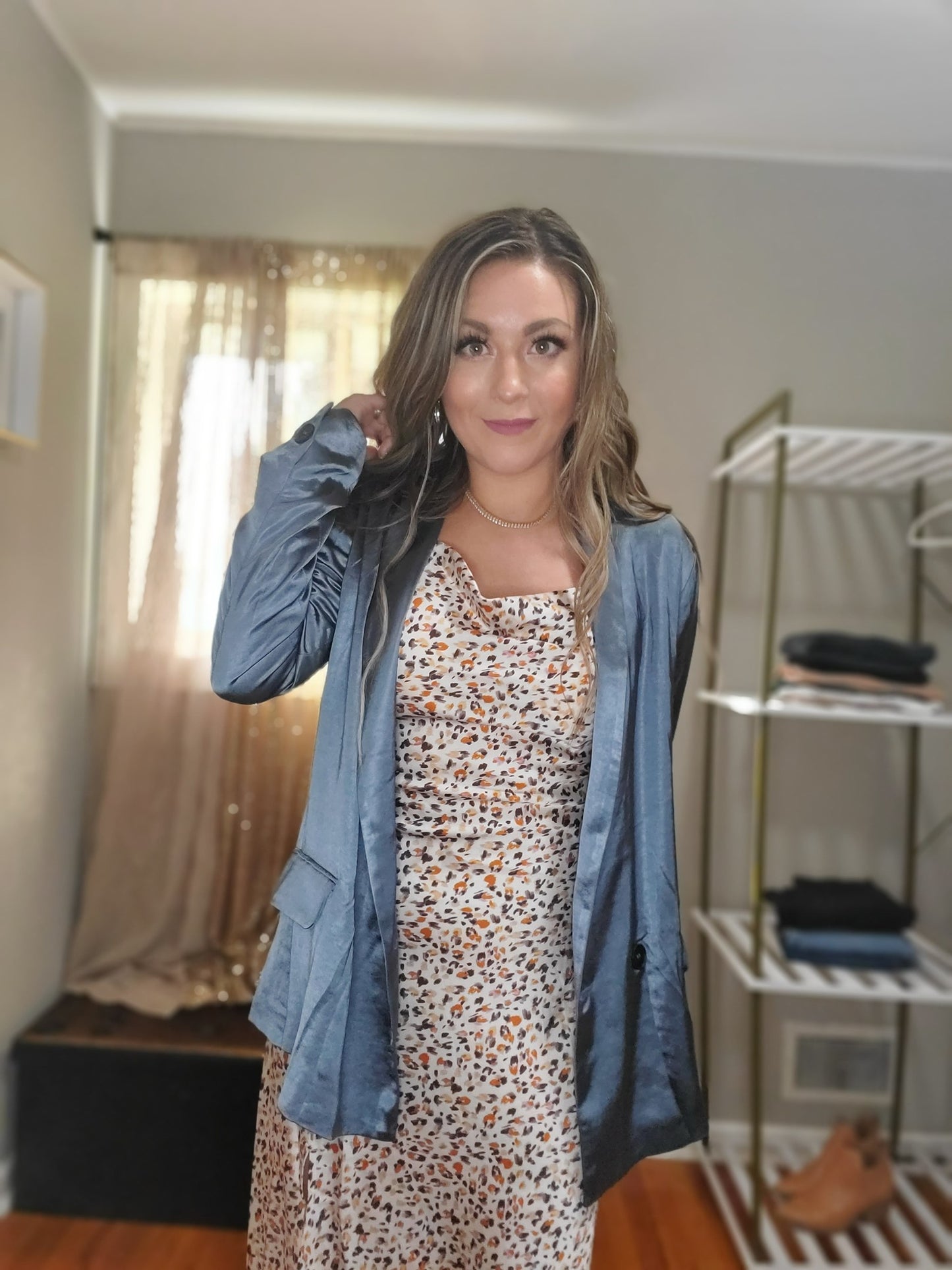 Dream Big Women's Relaxed Fit Double Button Satin Blazer in Slate Blue