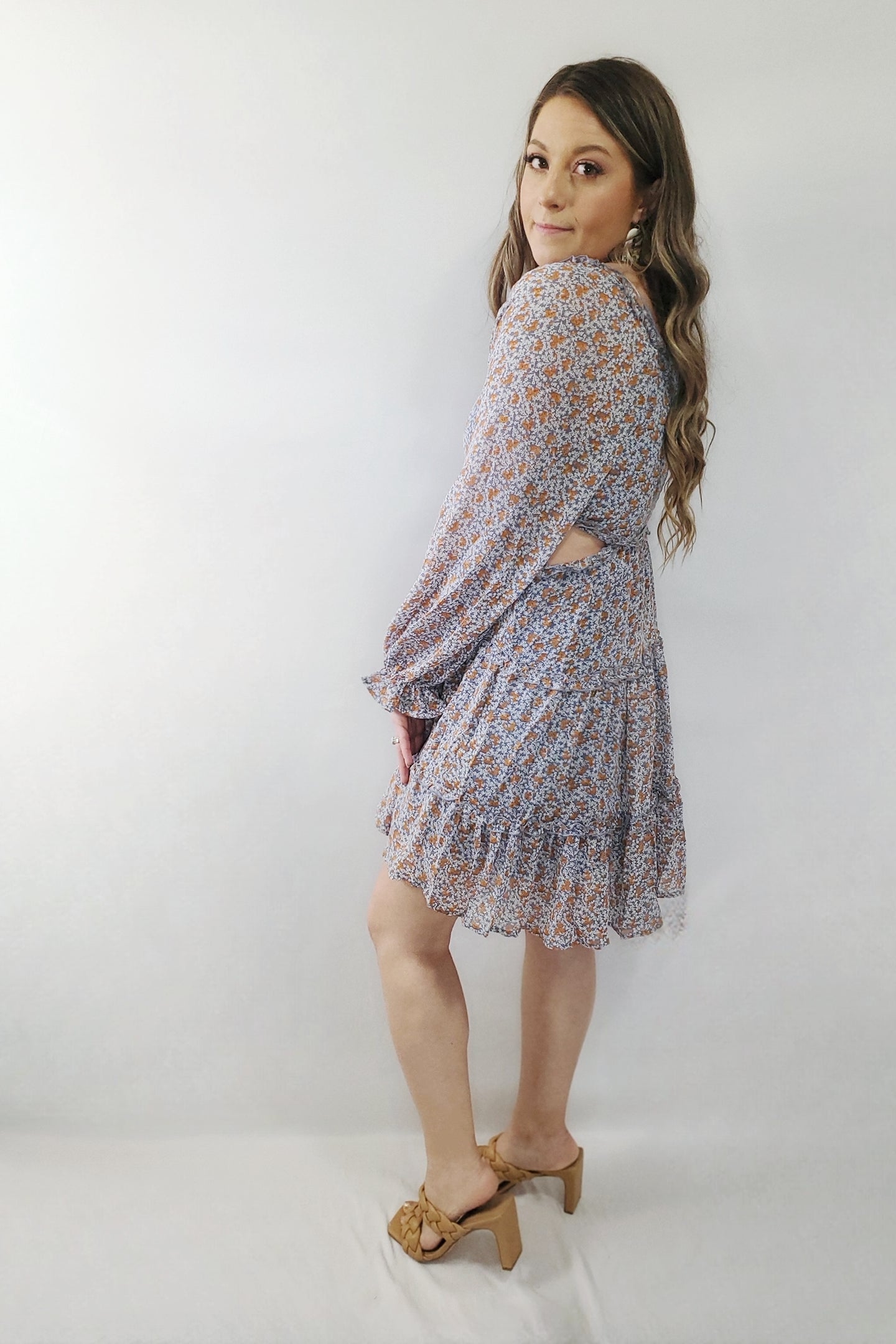 Willow Breeze Ditsy Floral Open Side Long Sleeve Mini Dress