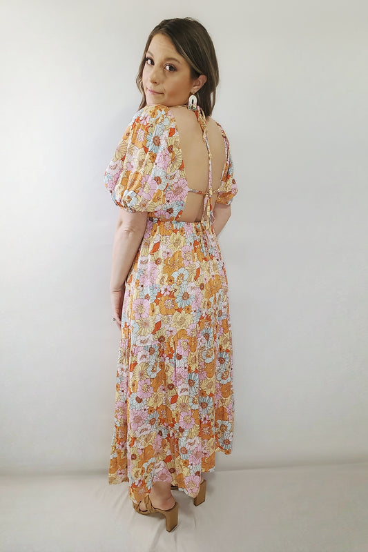 Field of Wildflowers Retro Floral Open Back Maxi Dress