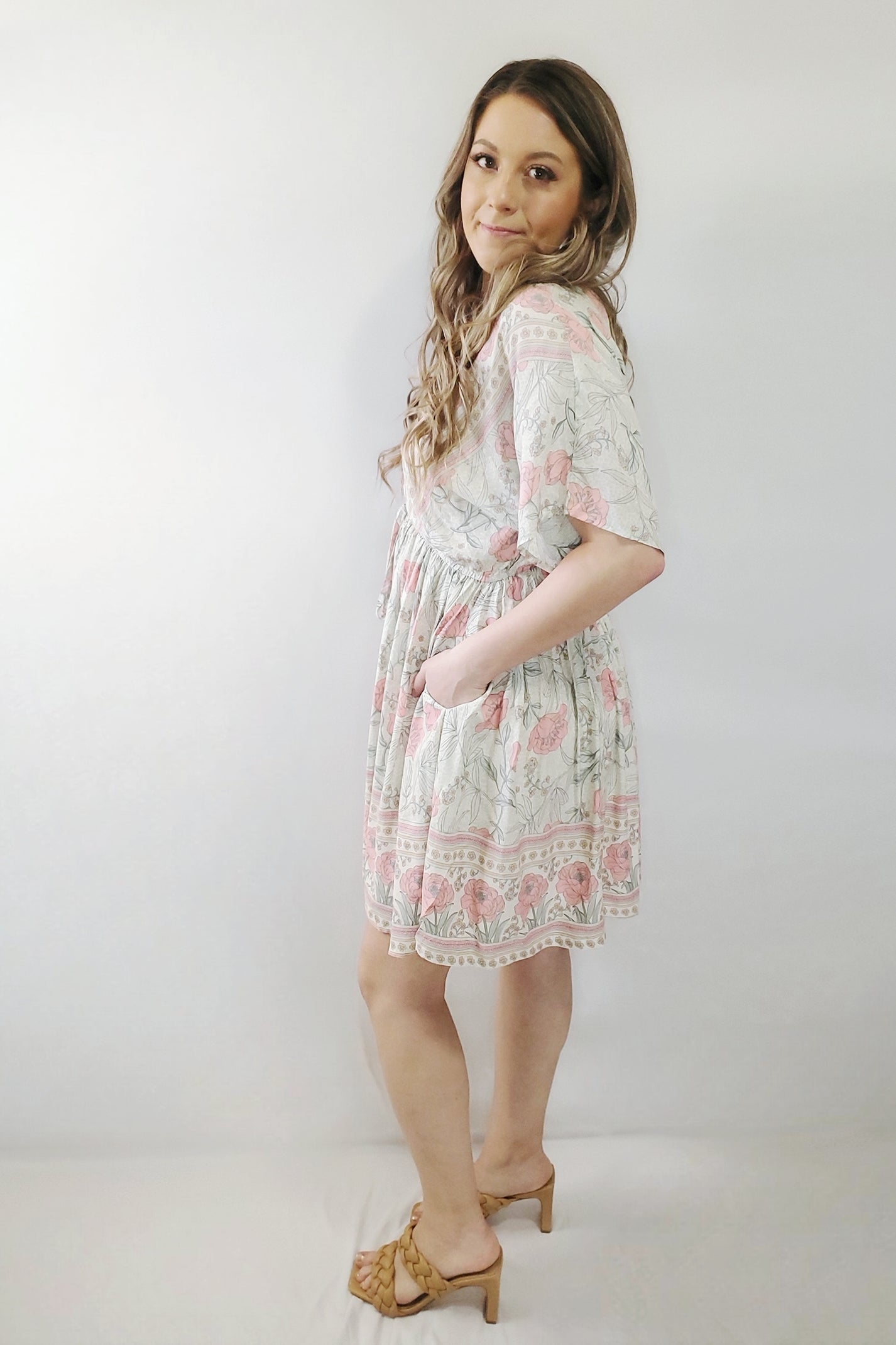 Boho Print Babydoll Dress V Peep Back