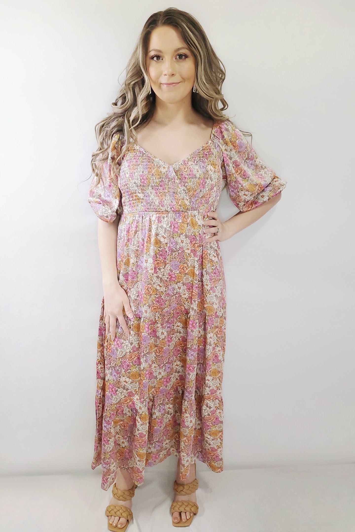 In Bloom Satin Floral Smocked Prairie Boho Surplice Pocket Maxi Dress