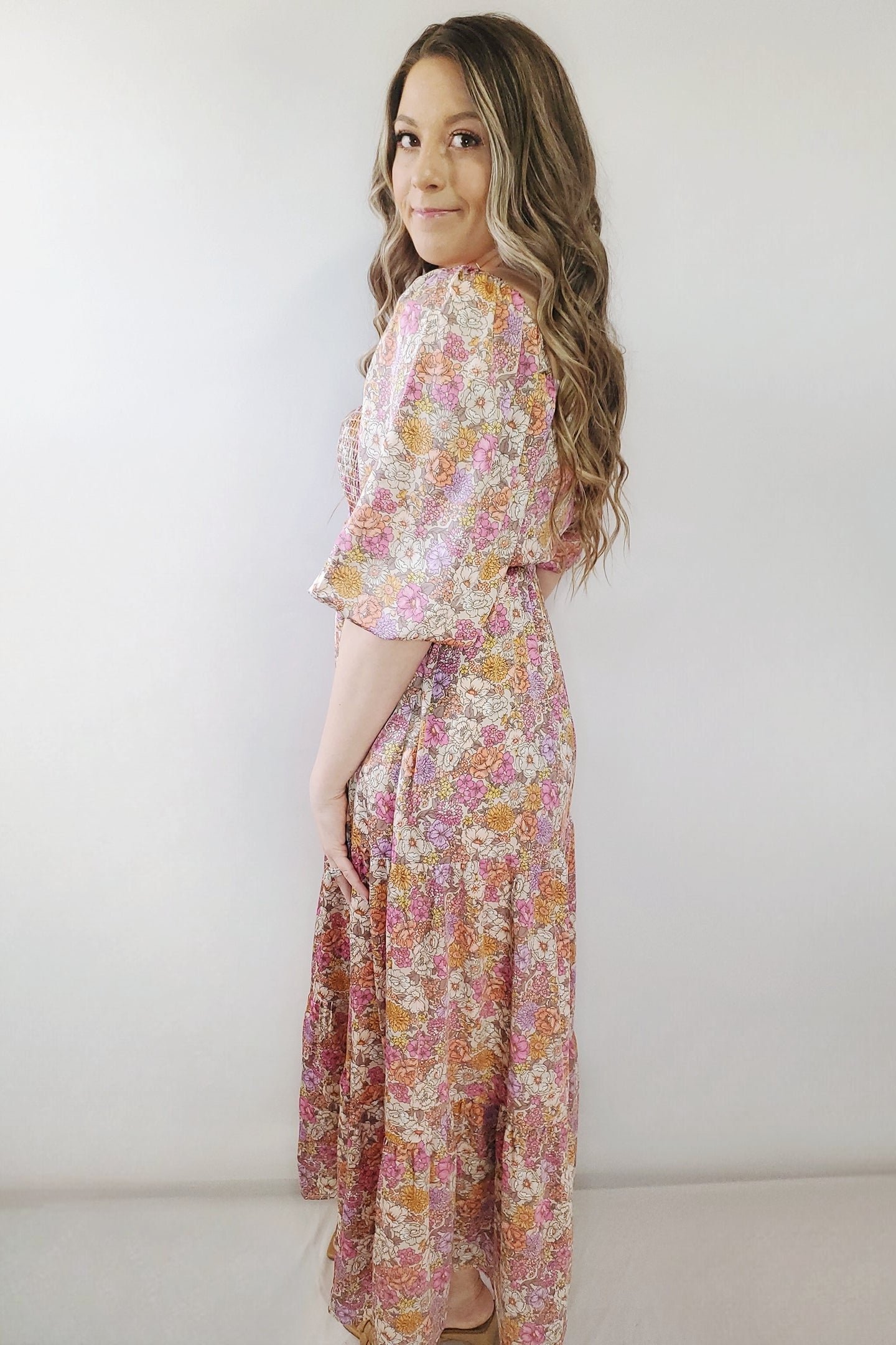 In Bloom Satin Floral Smocked Prairie Boho Surplice Pocket Maxi Dress