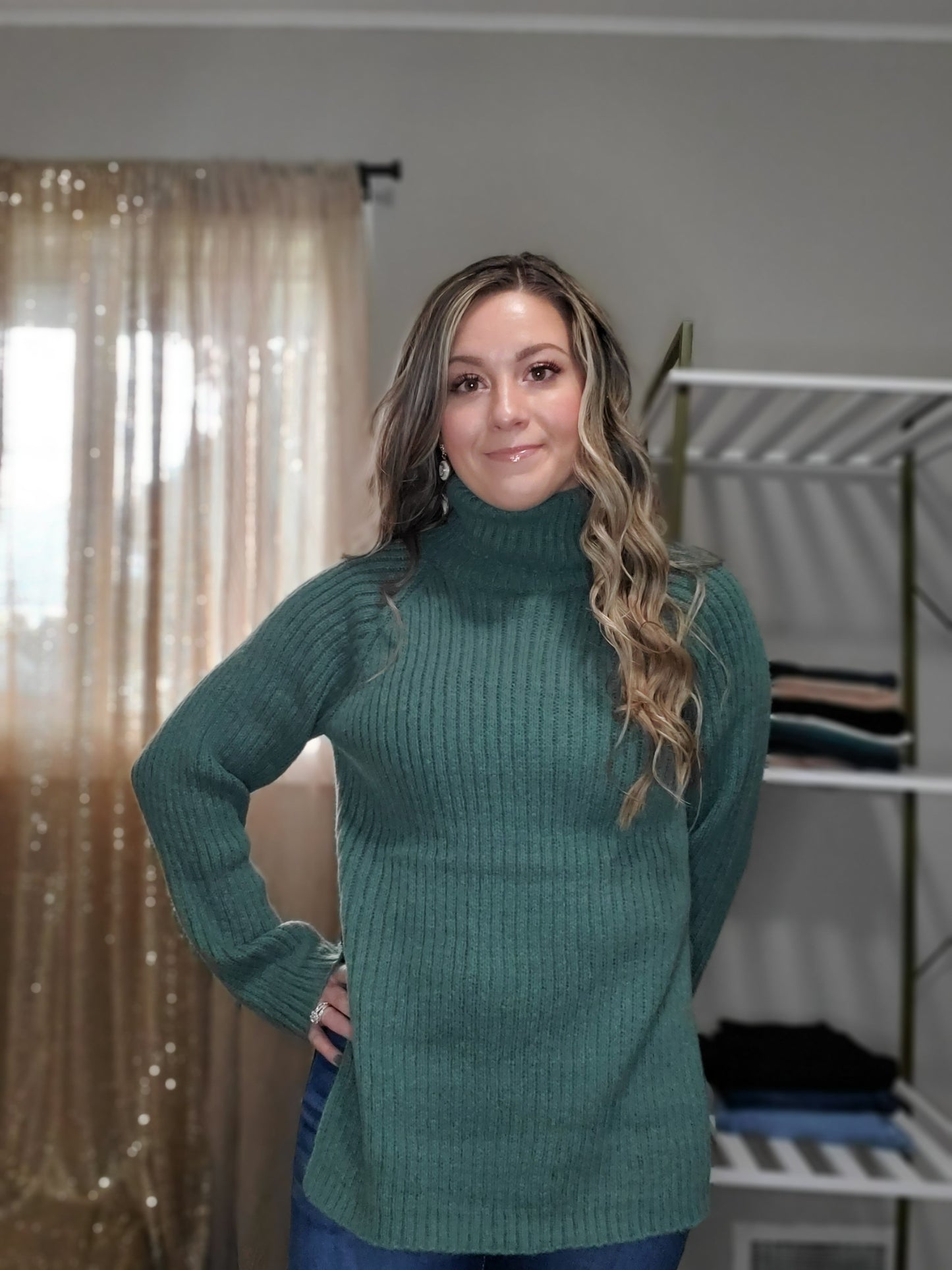 Cozy Season Women's Ribbed Raglan Split Side Long Sleeve Turtleneck Sweater in Gray Green