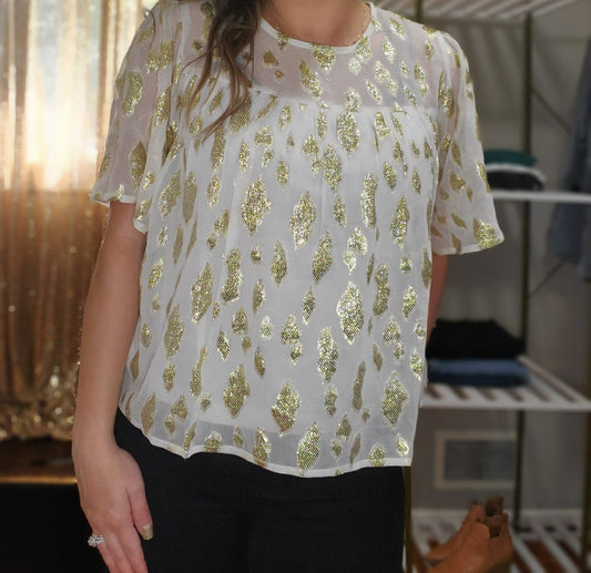 Shine On Women's Boho Flowy Metallic Accent Blouse in Ivory & Gold