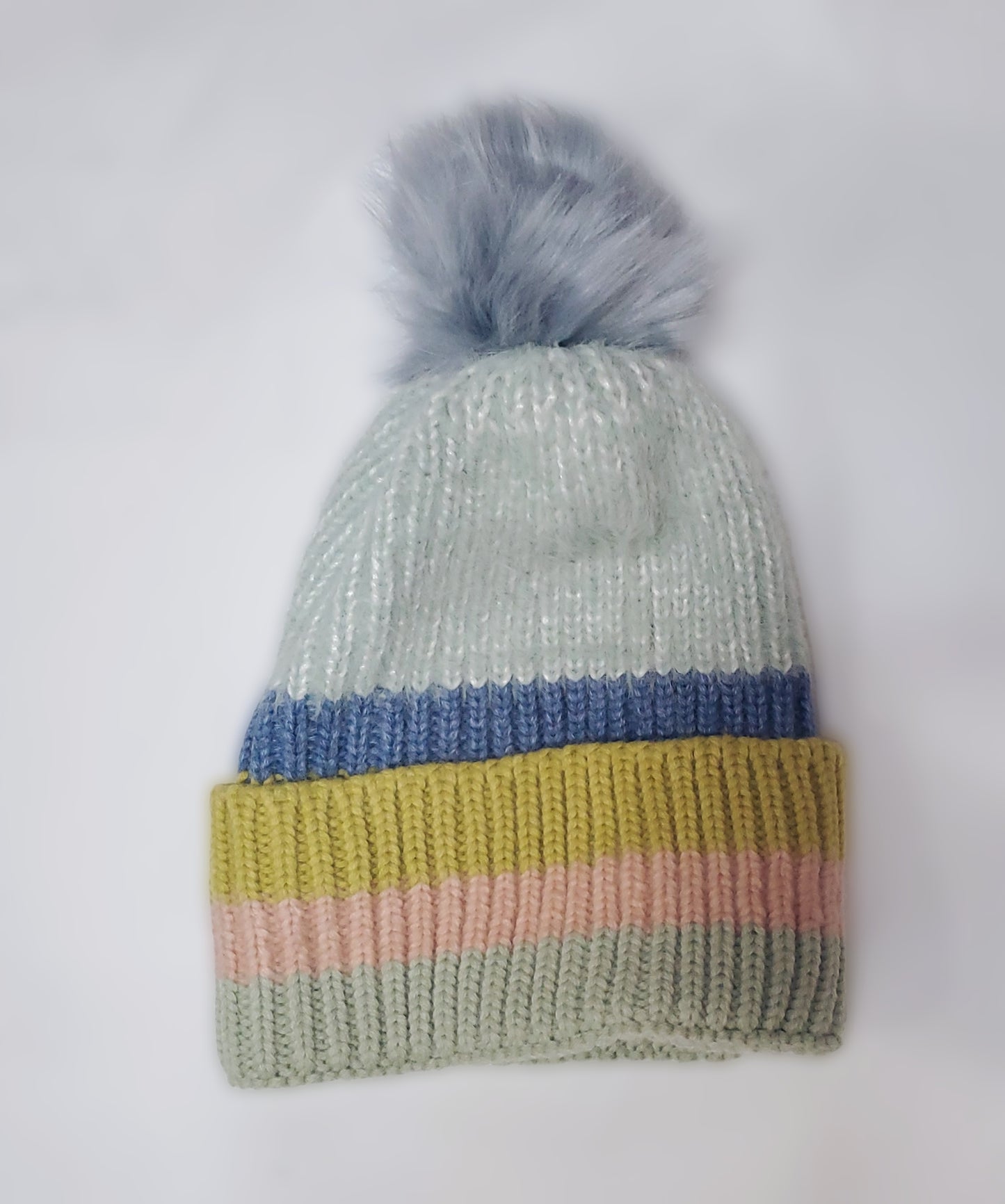 Cozy Pastels Women's Multi-Pastel Stripe Knit Beanie with Faux Fur Pom Pom