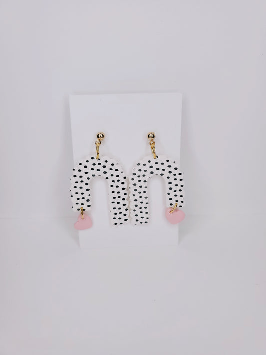 Handmade Scalloped Arch Dotted Heart Charm Clay Earrings in White & Pink