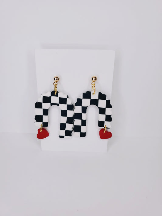 Handmade Scalloped Arch Checkerboard Heart Charm Clay Earrings in Black & White