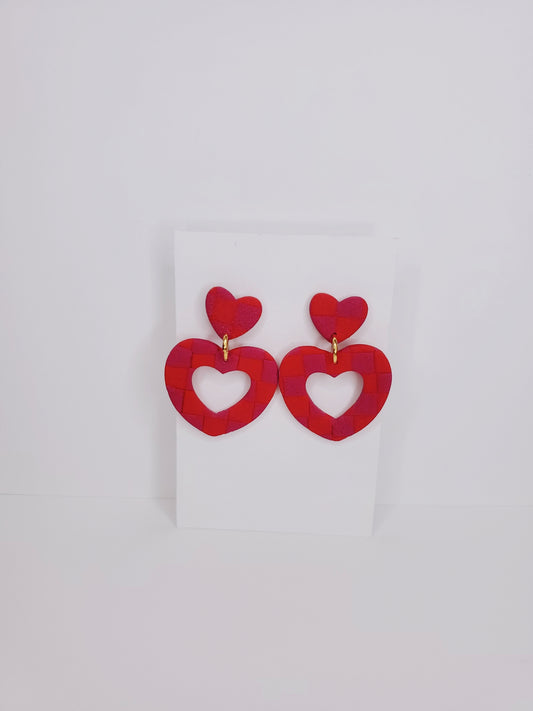Handmade Heart Cutout Textured Checkerboard Dangle Clay Earrings in Red