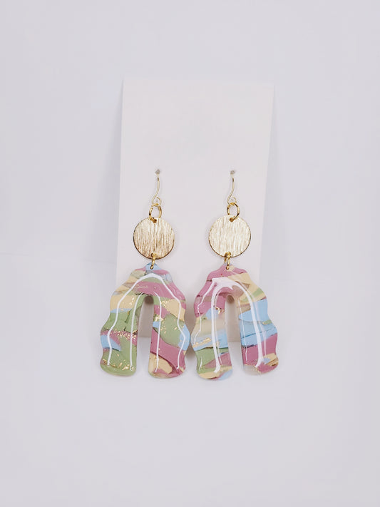 Handmade Gold Speckled Pastel Wavy Arch Clay Earrings in Multi