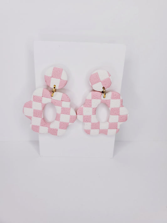 Handmade Flower Oval Cut-Out Textured Checkerboard Clay Earrings in Pink & White