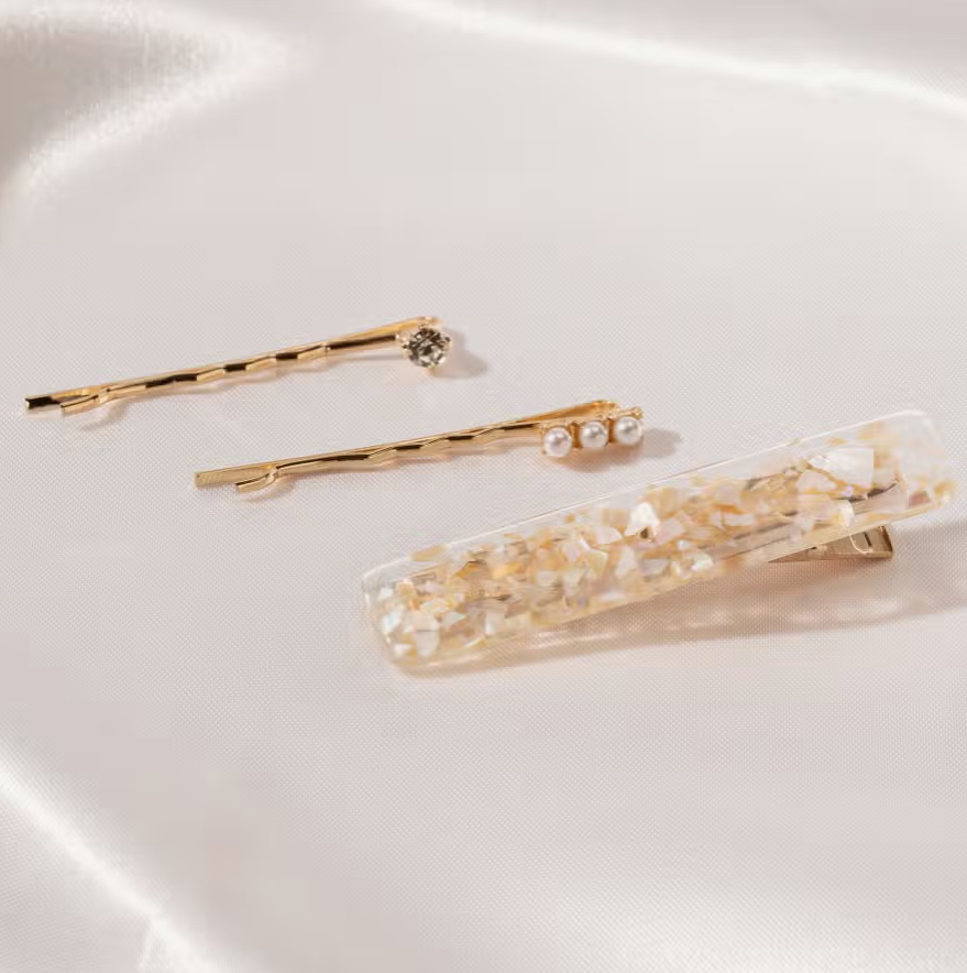 Instant Glam Pearl & Acetate Assorted Hair Pin Set of 3 in Gold