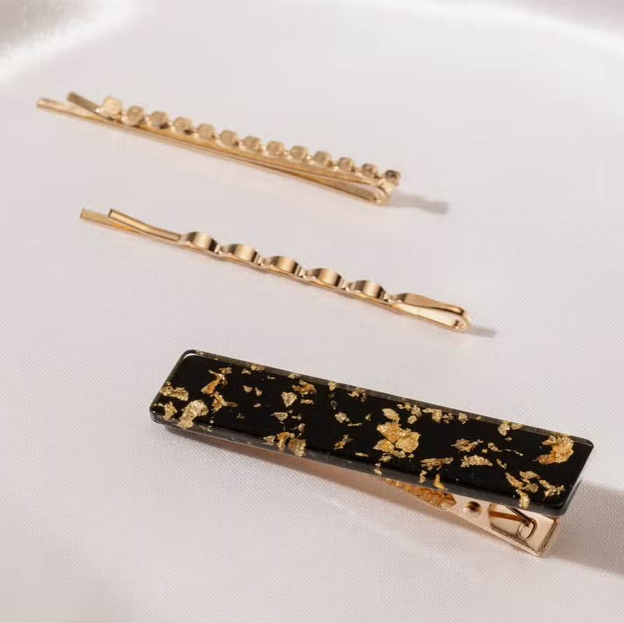 Golden Essence Square Gold Flake Acetate Hair Pin Set of 3 in Black