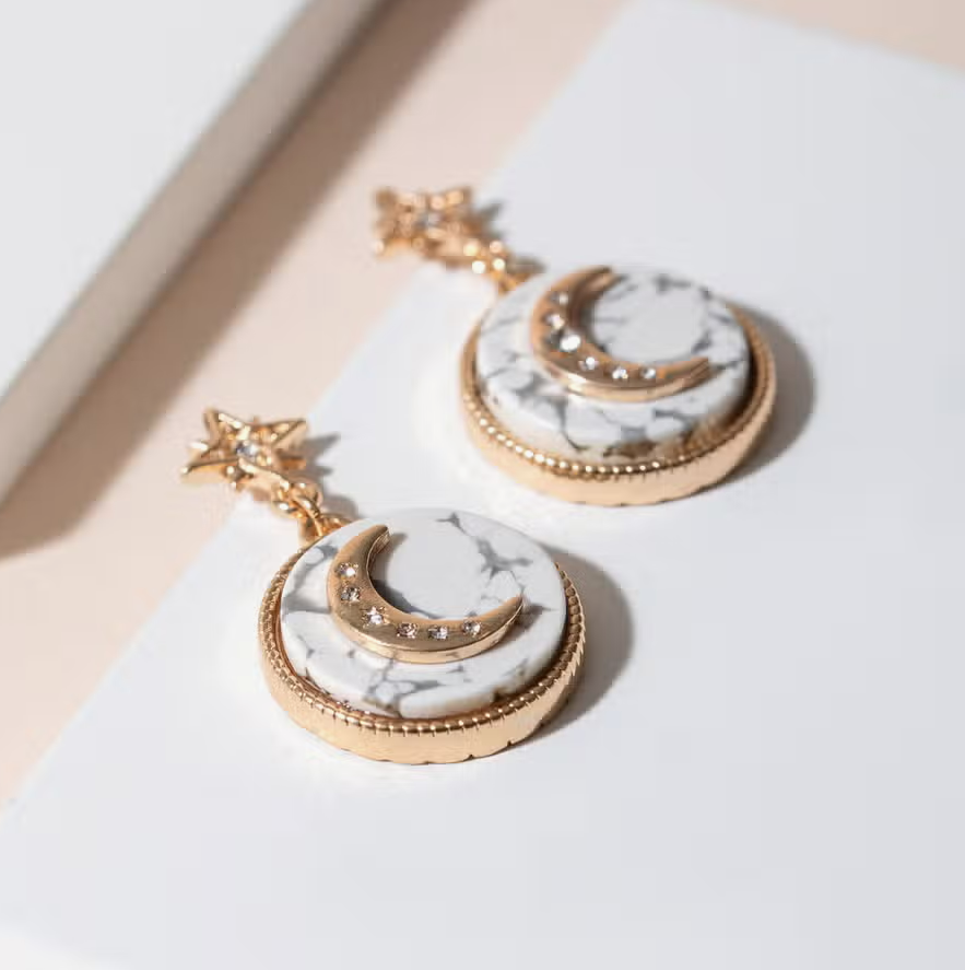 Over the Moon Round Crescent Moon Howlite Dangling Gold Plated Earrings