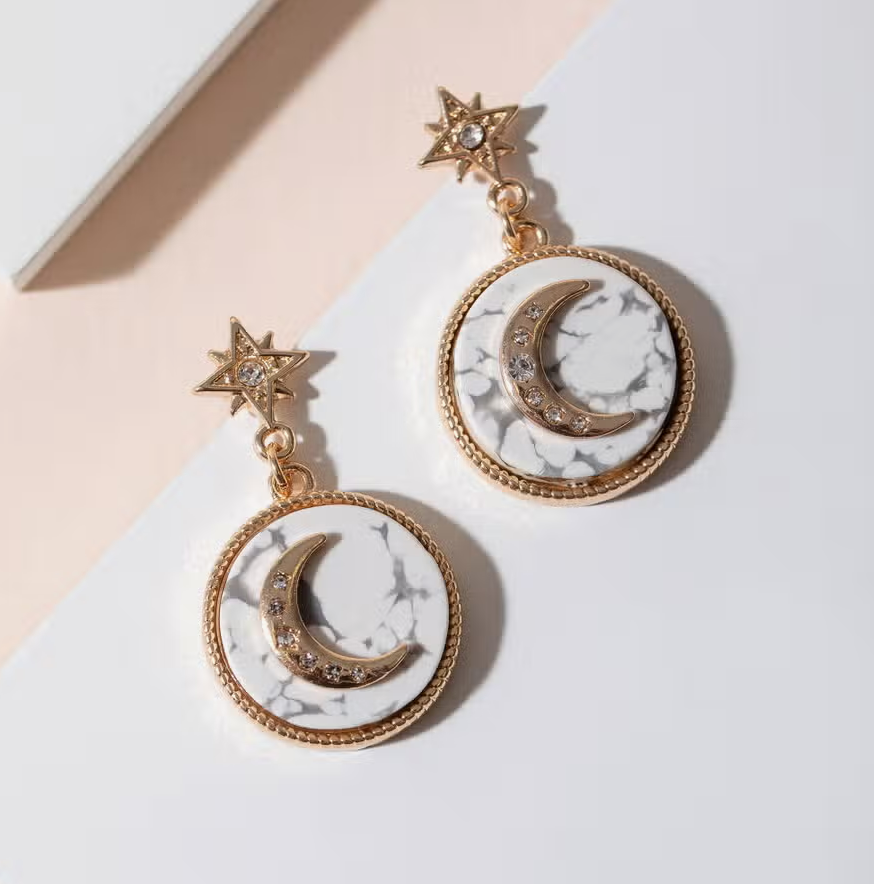 Over the Moon Round Crescent Moon Howlite Dangling Gold Plated Earrings