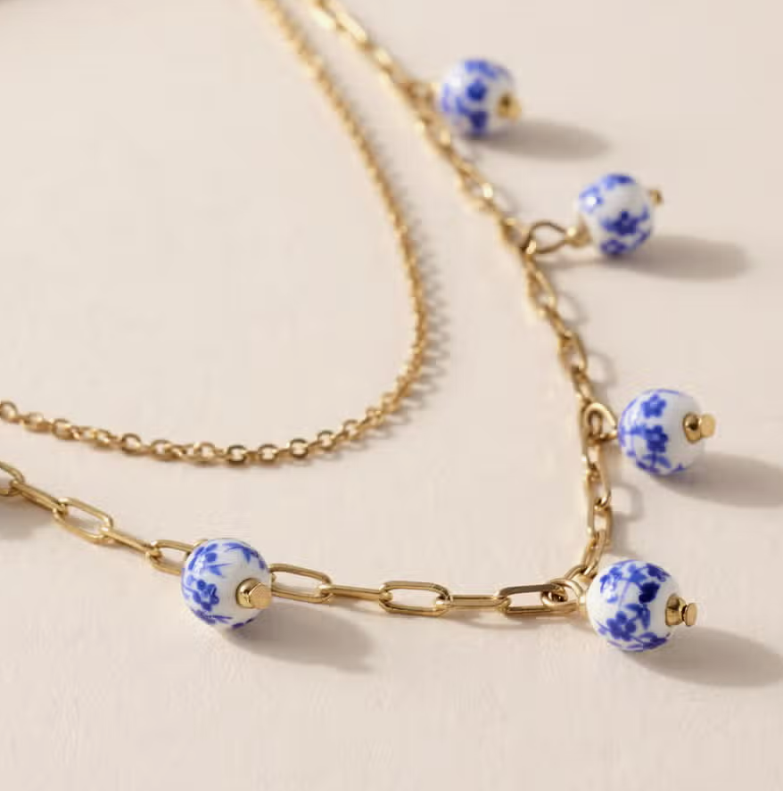 Blooming Grace Ceramic Floral Gold Plated 14" Layered Necklace in Blue 